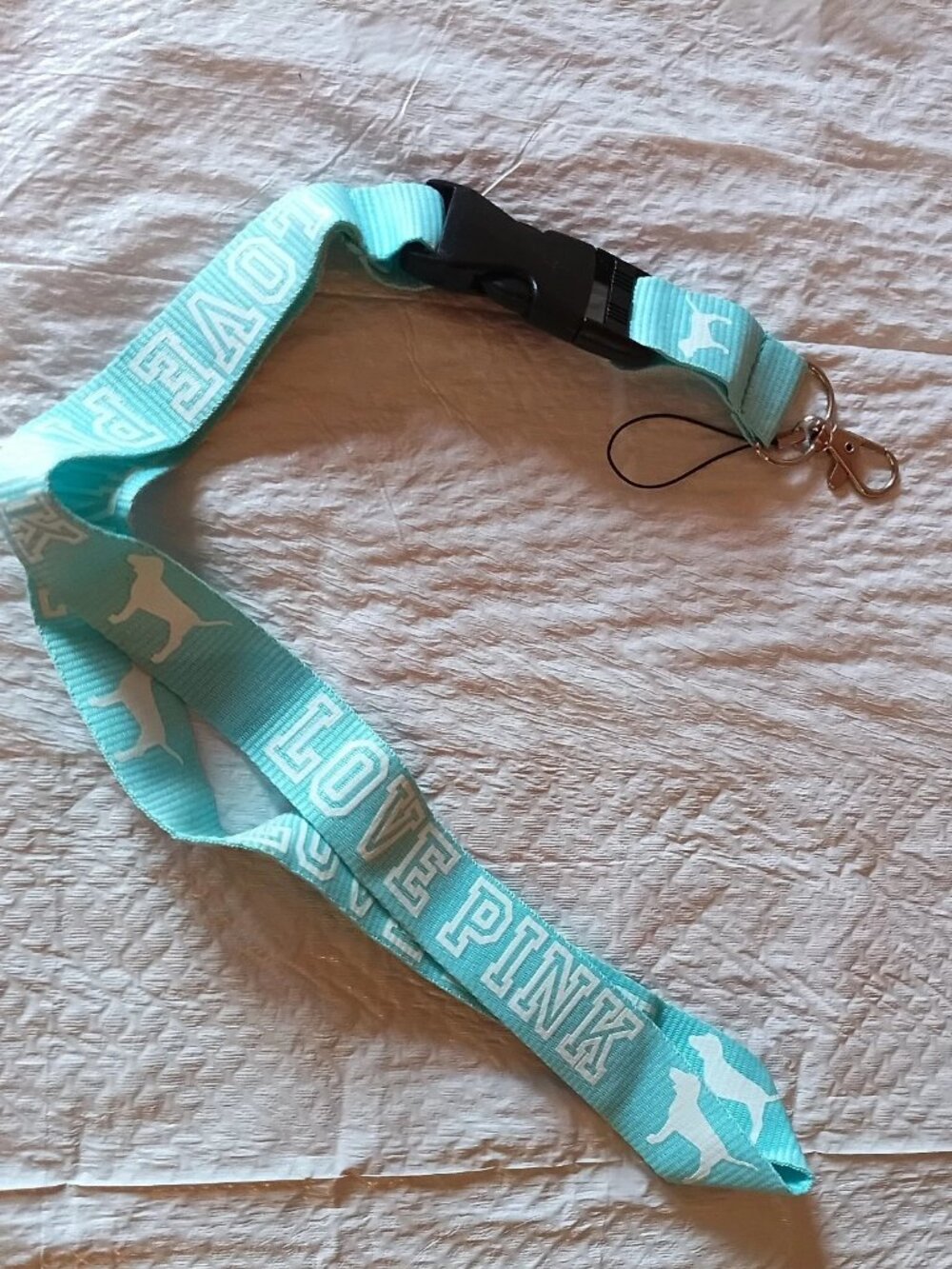 Victoria's Secret PINK LOVE PINK Aqua Detachable Lanyard Keychain ID Holder